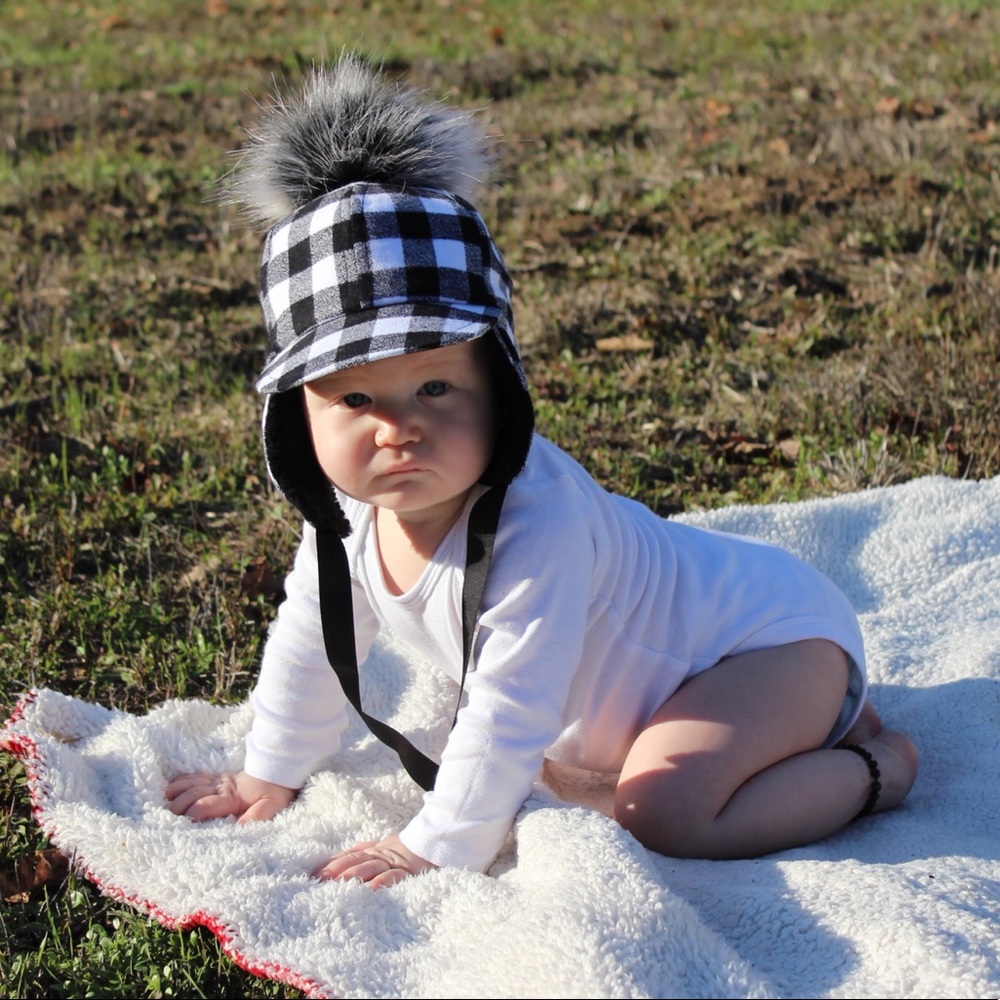 George Hats Black White Plaid Pom Hat
